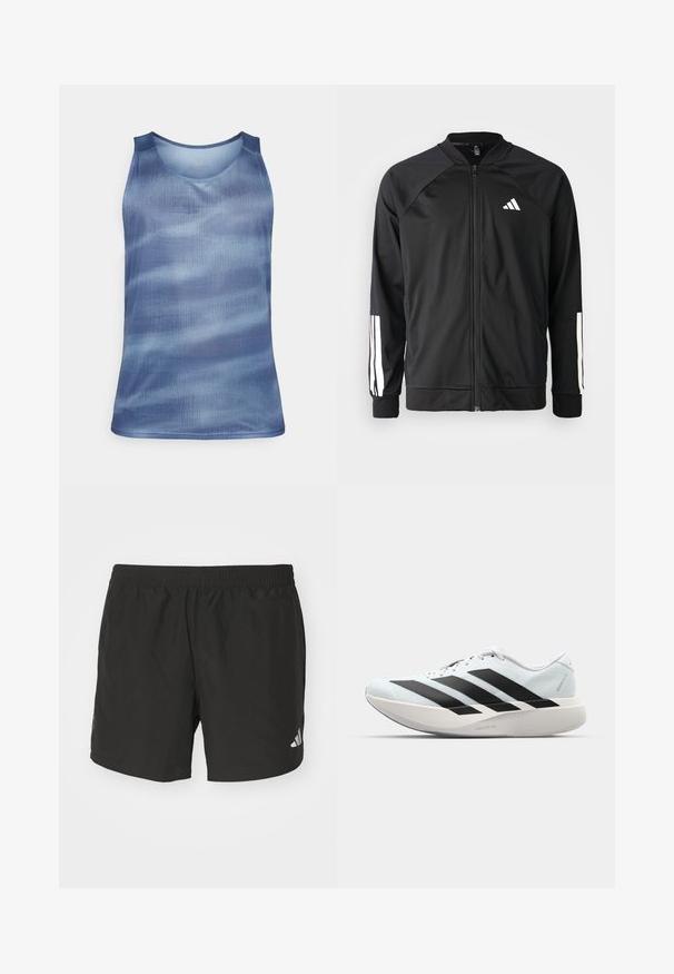 Chaqueta deportiva negra con cremallera frontal, mangas raglán, logo de Adidas en blanco y rayas blancas en las mangas. Tejido suave con puños elásticos.; Mizuno GRAPHIC TANK - Top - citadel; Pantalones cortos deportivos negros con cintura elástica, aberturas laterales y acentos de logo reflectantes. Hechos de una tela liviana y suave.; Zapatillas de running ligeras en azul pálido con rayas negras. Presentan una parte superior suave, puntera redonda y una gruesa mediasuela blanca etiquetada como "LIGHTSTRIKE PRO".