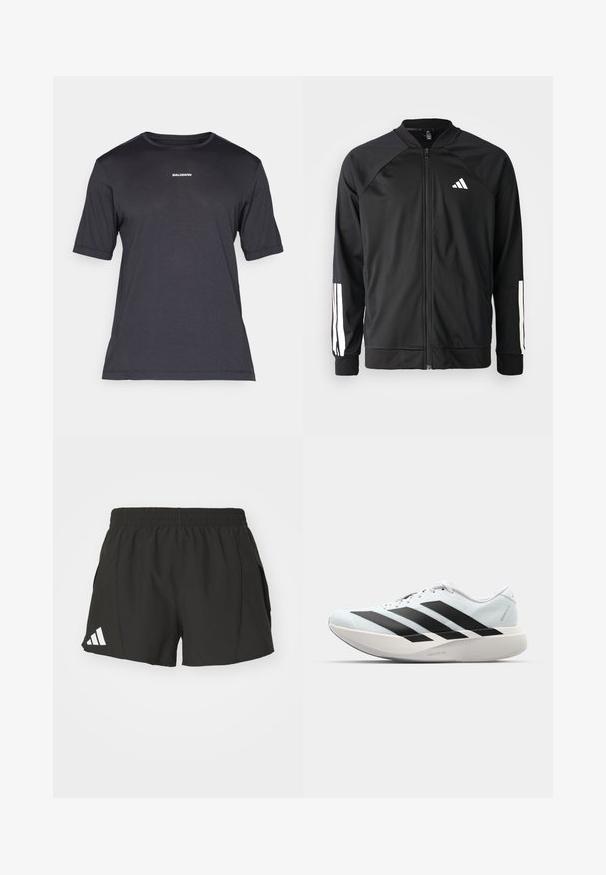 Crna sportska jakna s prednjim zatvaračem, raglan rukavima, bijelim Adidas logom i bijelim prugama na rukavima. Glatka tkanina s elastičnim manžetama.; Crna kratkotrajna majica za performanse s kratkim rukavima, napravljena od prozračnog materijala, s okruglim izrezom i malim bijelim logotipom "SALOMON" na prsima.; Crne atletske kratke hlače napravljene od laganog materijala, s elastičnom trakom u struku, bočnim džepovima i bijelim Adidas logotipom na lijevoj nozi.; Lagane tenisice za trčanje u svijetloplavoj boji s crnim trakama. Imaju glatku gornju površinu, okrugli vrh i debeli bijeli srednji sloj označen "LIGHTSTRIKE PRO."