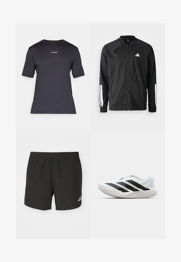 Czarna kurtka sportowa z zamkiem z przodu, raglanowymi rękawami, białym logo Adidas oraz białymi paskami na rękawach. Gładki materiał z elastycznymi mankietami.; Czarny t-shirt sportowy krótki rękaw z przewiewnego materiału, z okrągłym dekoltem i małym białym logo "SALOMON" na piersi.; Czarne spodenki sportowe z elastycznym paskiem w talii, bocznymi rozcięciami i odblaskowymi akcentami logo. Wykonane z lekkiego, gładkiego materiału.; Lekkie buty do biegania w jasnoniebieskim kolorze z czarnymi pasami. Posiadają gładką cholewkę, okrągły nosek oraz grubą białą podeszwę środkową oznaczoną "LIGHTSTRIKE PRO."