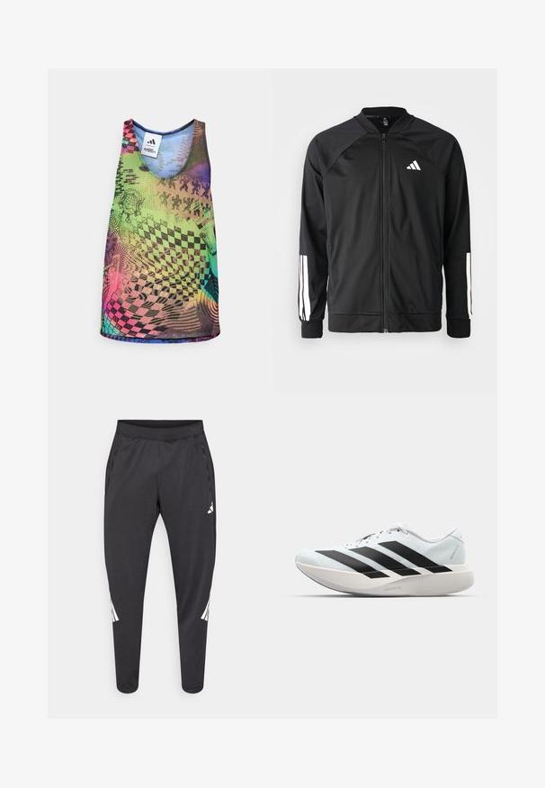 Black athletic jacket with a front zipper, raglan sleeves, white Adidas logo, and white stripes on sleeves. Smooth fabric with elastic cuffs.; Multicolored tank top featuring vibrant geometric patterns, including checkerboards and swirls, in shades of green, pink, blue, and purple.; Black athletic pants with tapered legs, elastic waistband, side pockets, and white logo and stripes detailing. Made from a smooth, lightweight material.; Lightweight running shoes in pale blue with black stripes. Features a smooth upper, round toe, and thick white midsole labeled "LIGHTSTRIKE PRO."