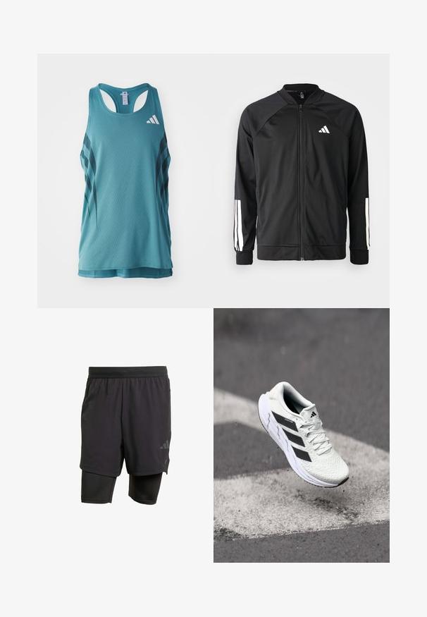 Svart sportjacka med framdraget blixtlås, raglanärmar, vitt Adidas-logotyp och vita ränder på ärmarna. Slät tyg med elastiska mudd.; Ljus teal färgad atletisk linne med ett texturerat mesh-mönster, prytt med svarta diagonala ränder och en vit logo på den övre vänstra sidan.; Svarta atletiska shorts med integrerat innerlager, tillverkade av ventilerande tyg. Har en subtil logotyp och strukturerad textur. Justerbart midjeband.; Vitt sportskor med strukturerad mesh-överkant, svarta ränder, snörning och en dämpad sula, svävande över en markerad väg.