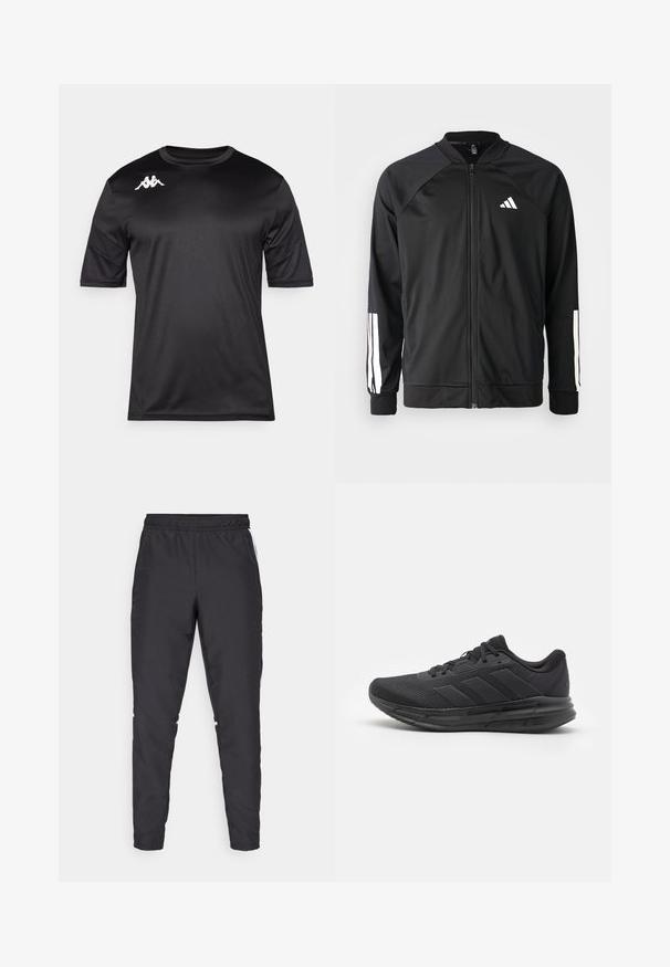 Casaco atlético preto com fecho na frente, mangas raglan, logotipo Adidas branco e riscas brancas nas mangas. Tecido suave com punhos elásticos.; T-shirt atlético de manga curta preta, feita de um tecido suave, com um logo branco na parte superior esquerda do peito e um design de gola redonda.; Calças atléticas pretas com um cós elástico, pernas ajustadas e acentos brancos nas laterais. Feitas de material sintético com uma textura suave.; Shoe atlético preto com parte superior em malha, sola de borracha, design texturizado e detalhe de três riscas na lateral. Almofadado em espuma para conforto.