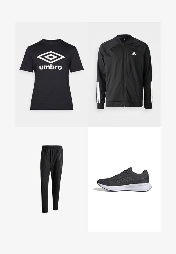 Chaqueta deportiva negra con cremallera frontal, mangas raglán, logo de Adidas en blanco y rayas blancas en las mangas. Tejido suave con puños elásticos.; Camiseta negra de manga corta hecha de algodón, con un gran logo de diamante blanco y el texto "umbro" en la parte frontal. Diseño de corte clásico.; Pantalones deportivos negros con una cintura elástica, dos bolsillos laterales con cremallera, piernas ajustadas y un discreto detalle de logo en la cadera.; Zapatillas deportivas de material de malla gris oscuro con acentos negros. Cuenta con una entresuela blanca y tres franjas blancas en el costado.