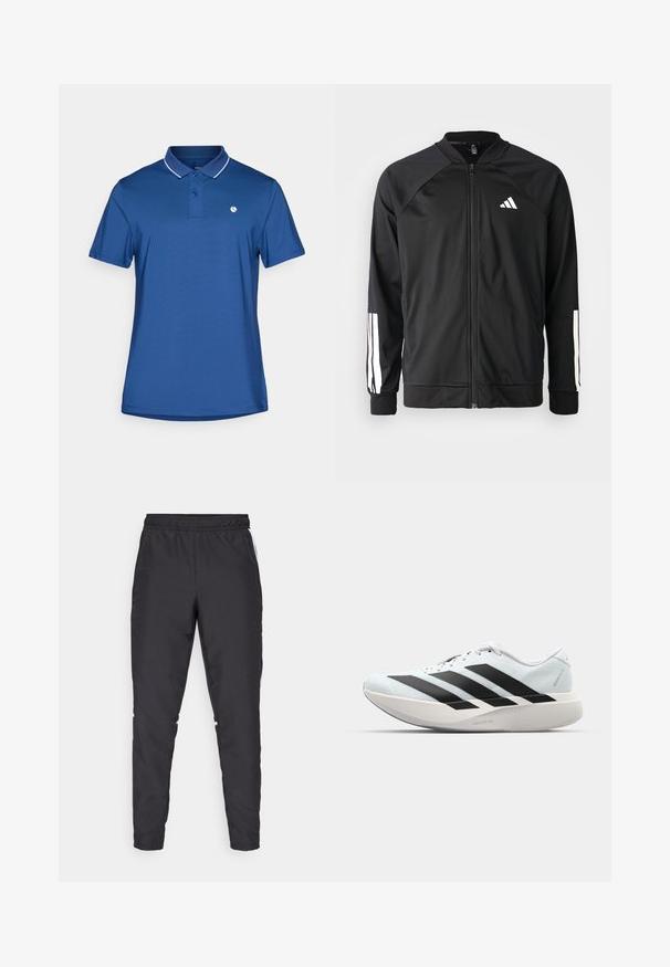 Černá sportovní bunda s předním zipem, raglánovými rukávy, bílým logem Adidas a bílými pruhy na rukávech. Hladká tkanina s elastickými manžetami.; Modrá polo košile vyrobená z hladké tkaniny s dvouknoflíkovou légou, bílým kontrastním prošíváním na límci a malým logem na hrudi.; Černé sportovní kalhoty s elastickým pasem, zúženými nohavicemi a bílými bočními akcenty. Vyrobené z umělého materiálu s hladkým povrchem.; Lehké běžecké boty v světle modré barvě s černými pruhy. Mají hladký svršek, kulatou špičku a silnou bílou mezipodešev označenou "LIGHTSTRIKE PRO."