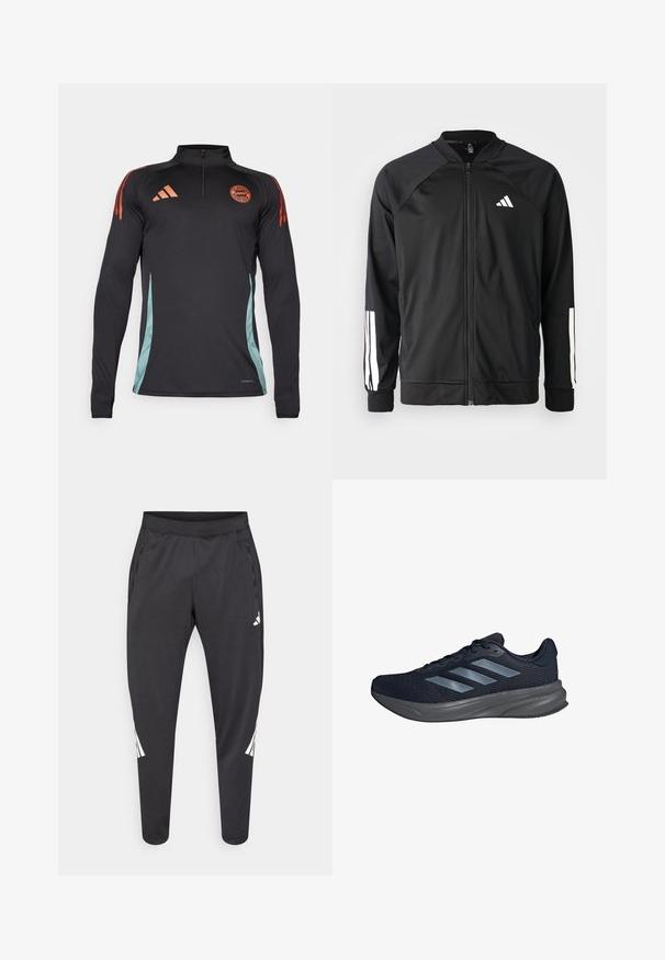 Čierna športová bunda s predným zipsom, raglánovými rukávmi, bielym logom Adidas a bielymi pruhmi na rukávoch. Hladká tkanina s elastickými manžetami.; Čierny dlhý rukáv športový top s štvrťovým zipsom, oranžovými akcentmi na pleciach a tyrkysovými bočnými panelmi s geometrickým vzorom.; Čierne športové nohavice so zúženými nohavicami, elastickým pásom, bočnými vreckami a bielym logom a pruhmi. Vyrobené z hladkého, ľahkého materiálu.; Námořnické běžecké boty s šedou síťovinou, třemi paralelními pruhy, polstrovaným límcem a texturovanou gumovou podrážkou pro lepší trakci.