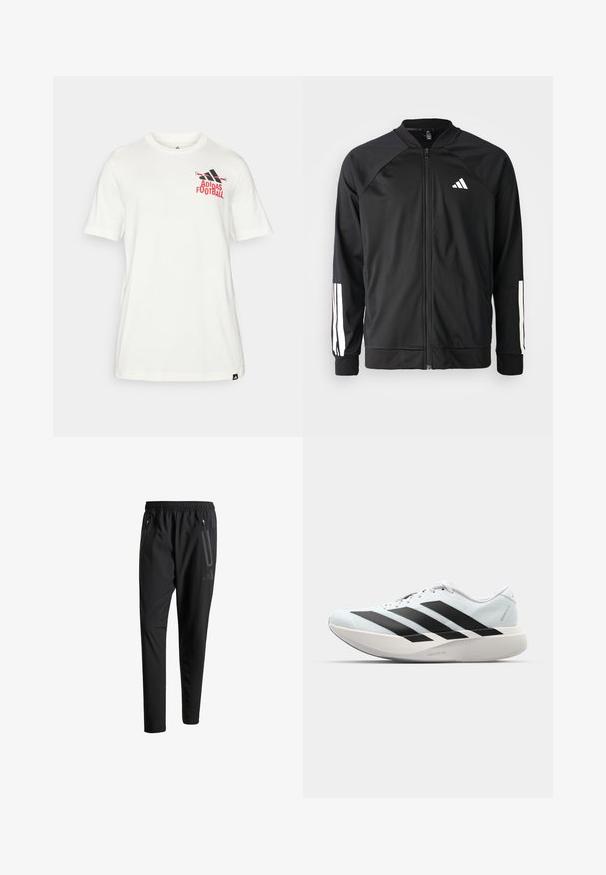 Chaqueta deportiva negra con cremallera frontal, mangas raglán, logo de Adidas en blanco y rayas blancas en las mangas. Tejido suave con puños elásticos.; Camiseta de algodón blanca de manga corta, con un logo de "Adidas Football" en rojo y negro en el pecho. Textura suave, corte clásico.; Pantalones deportivos negros con una cintura elástica, dos bolsillos laterales con cremallera, piernas ajustadas y un discreto detalle de logo en la cadera.; Zapatillas de running ligeras en azul pálido con rayas negras. Presentan una parte superior suave, puntera redonda y una gruesa mediasuela blanca etiquetada como "LIGHTSTRIKE PRO".
