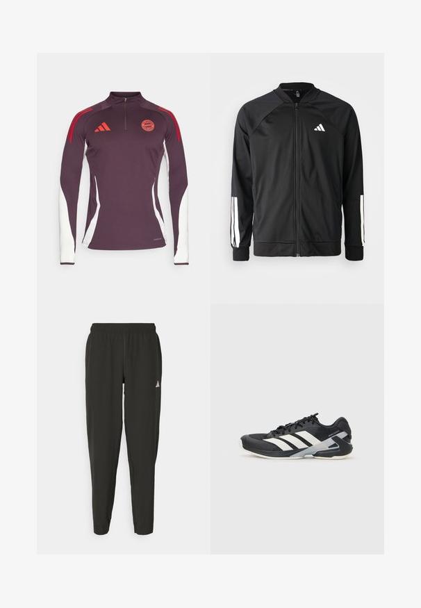 Zwarte sportjack met een rits aan de voorkant, raglanmouwen, wit Adidas-logo en witte strepen op de mouwen. Gladde stof met elastische manchetten.; Langarm trainingsshirt in donkerviolet met witte zijpanelen, rode accentstrepen en een kwart-rits kraag; bevat het Adidas-logo en het Bayern München-embleem.; Zwarte sportbroek met een elastische tailleband, slim fit en een wit logo op het linkerbeen. Soepele, lichte stof.; Zwarte sportschoen met witte strepen, bovenwerk van mesh, ronde neus en geveerde zool. Heeft een getextureerde hak en een veilig vetersysteem.
