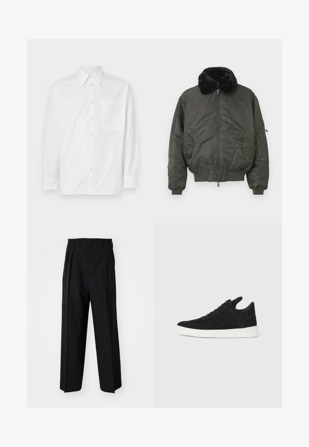 Ελαιόχρωμο bomber μπουφάν με καπιτονέ γιακά από συνθετική γούνα, μπροστινό φερμουάρ, πλεκτές μανσέτες και στρίφωμα, και πλευρικές τσέπες με τσέπη στο μανίκι με φερμουάρ.; Λευκό πουκάμισο με μακριά μανίκια φτιαγμένο από βαμβάκι. Διαθέτει κλασικό γιακά, μπροστινό κλείσιμο με κουμπιά και μια ενιαία τσέπη στο αριστερό μέρος.; Μαύροι πιέτες παντελόνια με ίσια, φαρδιά γραμμή. Κατασκευασμένα από λείο ύφασμα, με κλείσιμο με κουμπί και θηλιές για ζώνη.; Μαύρο σουέτ αθλητικό παπούτσι με λευκή καουτσούκ σόλα, με τόνο ραφές και σχέδιο με κορδόνια. Λείος υφή με μοντέρνα, αεροδυναμική γραμμή.