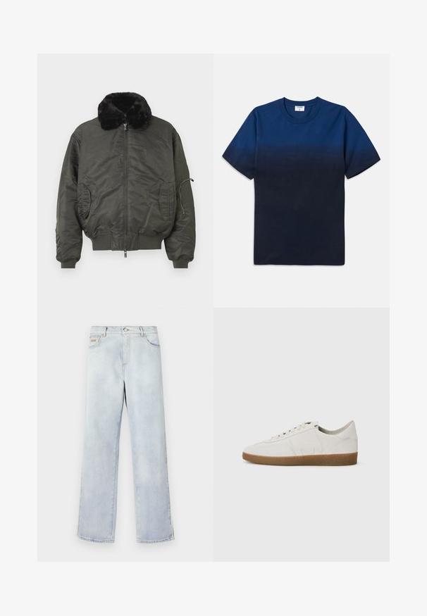 Olive green bomber jacket with a faux fur collar, zip front, ribbed cuffs and hem, and side pockets with a zipped arm pocket.; Navy blue cotton t-shirt with a round neck, short sleeves, and a subtle gradient design transitioning from lighter to darker shades.; Light blue denim jeans with a straight leg design, featuring a button closure, five pockets, and contrast stitching.; White leather sneakers with a textured finish, rubber sole, rounded toe, and minimalistic design. Features a subtle logo on the side.