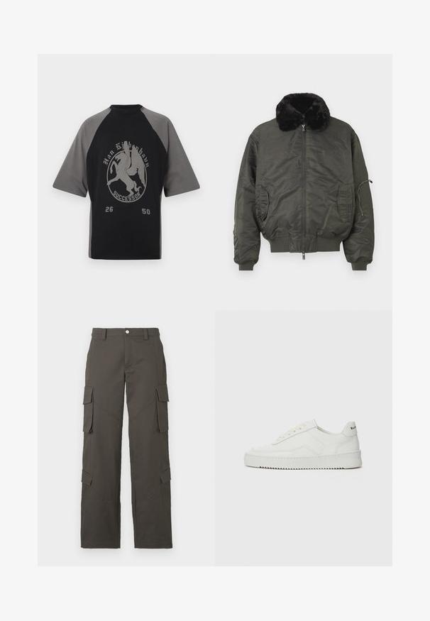Olivengrønn bomberjakke med faux fur-krage, glidelås foran, ribbestrikkede mansjetter og hem, samt sidelommer med en glidelåslomme på armen.; Svart og grå t-skjorte med kort erm og rund hals, med et pegasus-trykk og teksttrykk på forsiden.; Mørkegrå cargo-bukser med rett ben, knappestengning og fire klaffelommer, to på lårene og to nær leggmusklene.; Hvite lærersneakers med en jevn overflate, rund tå, flate lisser og en teksturert såle. Har en subtil logo på hælen.