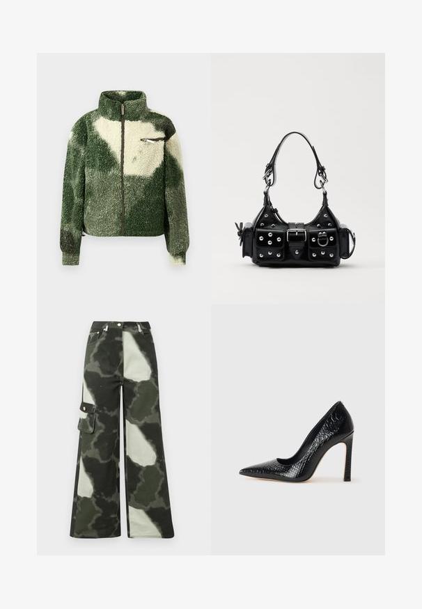 Roheline ja koorevärvi fliisjakke kõrge kaelusega, täisriide sulgemisega ja tõmblukuga rinna taskuga. Omab tekstuurset, pehmet pinda.; Mustmusterta mustaga pikkade varrukatega kõrge kaelusega sviiter, millel on ribakudumisega mansetid ja äär, esitatud lihtsal valgel taustal.; Laia säärega cargo püksid tumeroheline ja heegeldatud halli kamoflaažiga mustris. Omab küljetaskut ja metallnuppu, valmistatud vastupidavast puuvillamaterjalist.; Mustan teravaotsaga kõrge kontsaga king, millel on krokodillimustriga tekstuur, stiilne disain, kõrge stilettokonts ja sile must sisesisustus.; Must värvi nahast käekott, millel on kaarjas disain, hõbedased nupukesed, kinnitusahe ja kaks külgtaskut. Reguleeritav rihm erinevate kandmisvõimaluste jaoks.