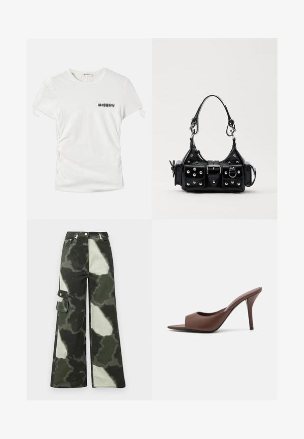 Vihreä ja kerma valkoinen fleece-takki, jossa on korkea kaulus, täysipitkä vetoketju ja vetoketjullinen rintatasku. Sisältää teksturoidun, pehmeän pinnan.; Valkoinen lyhythihainen t-paita, jossa on sivuilla rypytystä ja "MISBHV" tulostettuna sumeilla mustilla kirjaimilla vasemmassa rinnassa.; Vihreät ja vaaleanharmaat camokuvioiset leveälahkeiset cargo-housut. Varustettu sivutaskulla ja metallinapilla, valmistettu kestävästä puuvillamateriaalista.; Ruskean nahkakengät, joissa on avonainen varvas, korkea kanta ja tyylikäs muotoilu. Kengissä on leveä etuhihna ja hoikka stiletto-korko.; Musta nahkainen käsilaukku, jossa on kaareva muotoilu, hopeiset niitit, solki ja kaksi sivutaskua. Säädettävä olkahihna erilaisiin kantovaihtoehtoihin.