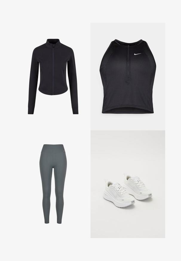 Men's black zip-up jacket with high collar, long sleeves, slim fit, smooth texture, and no visible logos or patterns.; Black athletic crop top with a zip-front, mesh accents, and a fitted design. Made from stretchy, breathable fabric. Nike logo on front.; Ribbed leggings in a dark grey color, featuring a high waistband, stretchy fabric, and a fitted design. No visible logos or patterns.; White athletic shoes with a textured mesh upper, cushioned sole, and subtle grey accents. Includes branding and looped heel tab for easy wear.