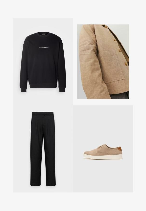 Rjav laneni jopič s preprostim dizajnom, ki vključuje ovratnik, gumbe in žep na sprednji strani. Mehka tekstura in prilagojena oblika.; Scotch & Soda CORE LOGO FRONT CHEST - Športni pulover - black; Črne hlače iz gladkega materiala, s krojem ravne noge, dvema sprednjima pregiboma in standardnim pasom z zankami za pas.; Bež tkanine usnjene superge z zaobljenim nosom, vezalkami na sprednji strani in teksturiranim zadnjim detajlom. Belo gumijasto podplato zagotavlja kontrast. Enostaven in sodoben dizajn.