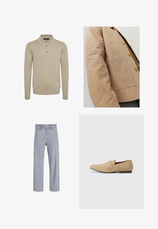 Chaqueta de lino marrón con un diseño sencillo, que presenta un cuello, botones y un bolsillo de parche en la parte frontal. Textura suave y forma ajustada.; Camisa de polo de manga larga en tejido de punto de color beige claro, con un cuello clásico, tapeta de tres botones y puños acanalados.; Jeans de mezclilla azul claro con un ajuste holgado, diseño de pierna recta, costuras visibles, dos bolsillos frontales y cierre de botón.; Mocasines de ante en color beige con un ligero brillo, con punta redondeada, diseño sin cordones y un bajo tacón marrón. Detalle de costura sutil.