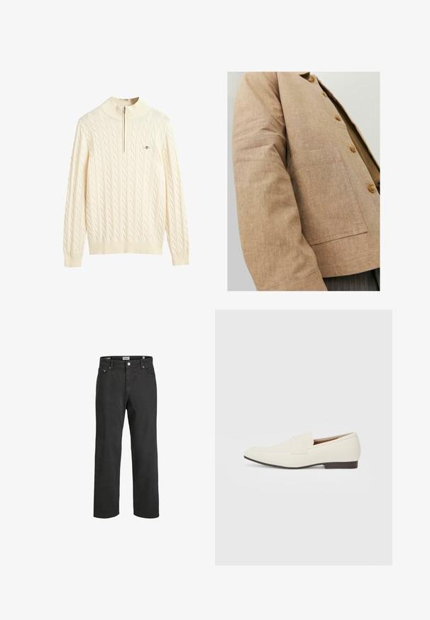 Chaqueta de lino marrón con un diseño sencillo, que presenta un cuello, botones y un bolsillo de parche en la parte frontal. Textura suave y forma ajustada.; Suéter de punto trenzado color crema con cuello alto y cierre de media cremallera; presenta puños y dobladillo acanalados, textura suave y un acento de logo.; Vaqueros negros de pierna recta hechos de algodón, con un clásico diseño de cinco bolsillos, cierre de botón y detalles de costura sutiles.; Mocasines beige claro con puntera puntiaguda, material suave, una correa a través del empeine y una suela baja marrón. Diseño simple con acentos mínimos.