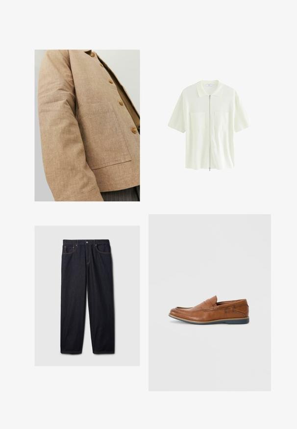 Giacca in lino marrone con un design semplice, caratterizzata da colletto, bottoni e una tasca a patta sul davanti. Texture morbida e forma su misura.; Camicia bianca a maniche corte con zip, realizzata in tessuto testurizzato, caratterizzata da un colletto e due tasche frontali con pattine quadrate.; Jeans in denim scuro con taglio dritto, dotati di chiusura a bottoni e zip, due tasche frontali e cuciture arancioni a contrasto.; Mocassini in pelle marrone con punta tondeggiante, dettagli cuciti e suola in gomma bassa. Il design presenta una banda sulla parte superiore.