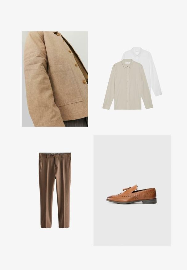 Braune Leinenjacke mit schlichter Optik, ausgestattet mit einem Kragen, Knöpfen und einer aufgesetzten Tasche auf der Vorderseite. Weicher Griff und taillierte Form.; Zwei Langarmhemden: eines aus weißem Stoff, das andere aus beigem Stoff mit dünnen vertikalen Streifen. Beide haben umlegbare Kragen und Manschetten.; Braune, maßgeschneiderte Hosen aus strukturiertem Stoff. Mit einem Knopfverschluss, zwei Fronttaschen und geradem Bein.; Braunes Leder-Schuh mit durchbrochener Dekoration, strukturierten Seiten, flacher Sohle und einer dekorativen Schleife an der Oberseite. Klassisches Design mit einer glatten Oberfläche.
