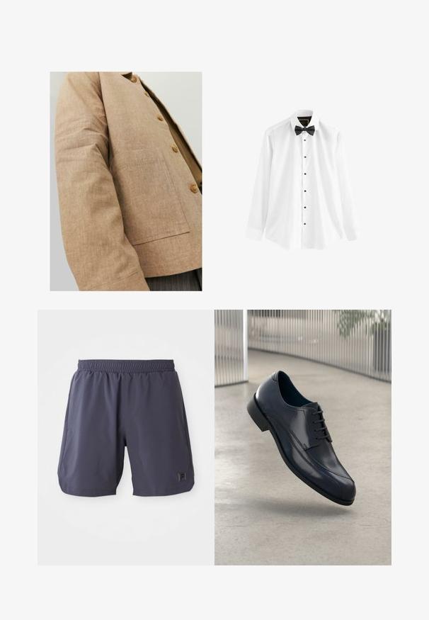 Brun linnejacka med en enkel design, som har en krage, knappar och en patchficka på framsidan. Mjuk textur och skräddarsydd form.; Vit skjorta i bomull med långa ärmar, en svart fluga och svarta knappar fram.; Mörkgrå elastiska sportshorts med midjeband och sidfickor samt en liten logotyp på nedersta högra benet.; Glansig svart läderklädd sko med snörning, svävande över ett slätt, ljusgrått golv och vertikala metallstänger i bakgrunden.