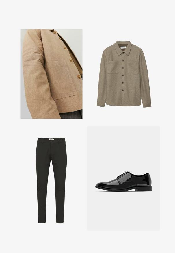 Rudas lininis švarkas su paprastu dizainu, turintis apykaklę, mygtukus ir kišenę šoninėse. Minkšta tekstūra ir pritaikyta forma.; Rudas vilnonis marškinis su sagomis, turintis smailų apykaklę, dvi krūtinės kišenes ir juodas sagas. Sklandus paviršius su laisvu siluetu.; Juodos slim-fit kelnės, pagamintos iš lygaus audinio, su sagčių uždarymu, diržo kilpomis, priekinių kišenių ir švariu, minimalizuotu dizainu.; Juodas lakinės odos suknelės bateliai su apvaliu priekiu, su raišteliais ir lygiu, blizgiu paviršiumi. Turi žemą guminį padas.
