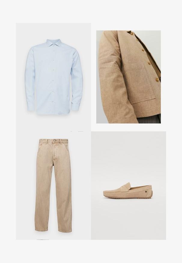 Bruine linnen jas met een eenvoudig ontwerp, voorzien van een kraag, knopen en een opgestikte zak aan de voorkant. Zachte textuur en getailleerde pasvorm.; Lichtblauw overhemd met lange mouwen, een puntige kraag, knoopsluiting en een subtiel ruitpatroon. Gemaakt van een soepele stof met een gestructureerde pasvorm.; Beige denim jeans met een recht gesneden ontwerp, voorzien van voorzakken, een metalen knoopsluiting en een subtiele textuur.; Jack & Jones JFWJENSEN - Mocassins - moonbeam
