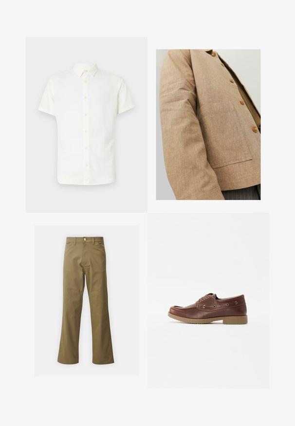 Brūnas linas jaka ar vienkāršu dizainu, kurai ir apkakle, pogas un kabatas uz priekšpuses. Mīksta tekstūra un veidota forma.; Kreklu ar īsām piedurknēm, balts, izgatavots no viegla auduma, ar klasisku apkakli un mīkstu, gludu tekstūru, ar gaiši brūniem pogām.; Brauni, plati kokvilnas bikses ar gludu priekšu, jostas cilpām un zeltītu pogu aizdari. Gluda tekstūra bez redzamām rakstainēm.; Brūna ādas laivu kurpe ar noapaļotu purngalu, teksturētu zoli, zeltītām acīm un šuvuma detaļām augšdaļā, radot klasisku dizainu.