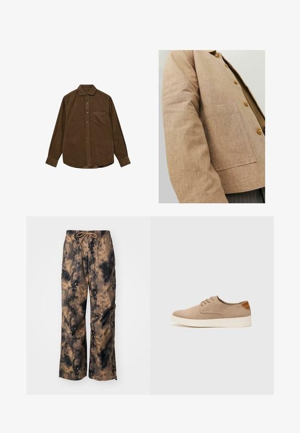Giacca in lino marrone con un design semplice, caratterizzata da colletto, bottoni e una tasca a patta sul davanti. Texture morbida e forma su misura.; Camicia in corduroy marrone con maniche lunghe, colletto button-down, tasca frontale e superficie a coste texturizzata. Presenta bottoni in tono argento.; Pantaloni tie-dye marrone e neri con design a gamba larga, vita elastica e coulisse. Presentano tasche frontali e tessuto texture.; Sneaker in suede beige con punta arrotondata, stringhe davanti e un accento testurizzato sul retro. La suola in gomma bianca offre un contrasto. Design semplice e moderno.