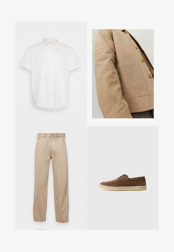 Giacca in lino marrone con un design semplice, caratterizzata da colletto, bottoni e una tasca a patta sul davanti. Texture morbida e forma su misura.; Camicetta bianca a maniche corte in cotone, con colletto classico e chiusura frontale con bottoni, orlo dritto. Texture liscia, senza fantasie.; Jeans in denim beige con un design a gamba dritta, dotati di tasche frontali, chiusura con bottone metallico e una texture delicata.; Scarpe in suede marrone con profilo basso, design con lacci, suola in gomma e dettagli di cucitura a contrasto. Stile semplice e funzionale.
