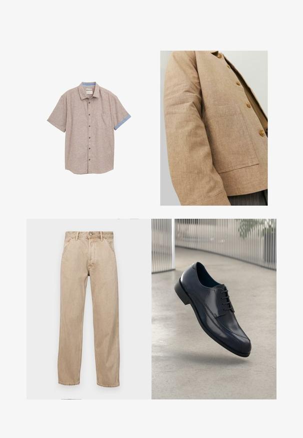 Giacca in lino marrone con un design semplice, caratterizzata da colletto, bottoni e una tasca a patta sul davanti. Texture morbida e forma su misura.; Camicia a maniche corte in tessuto marrone chiaro con una texture sottile, dotata di tasca sul petto e dettagli blu a contrasto su polsini e colletto.; Jeans in denim beige con un design a gamba dritta, dotati di tasche frontali, chiusura con bottone metallico e una texture delicata.; Scarpa da cerimonia in pelle nera lucida con lacci, sospesa sopra un pavimento grigio chiaro e con barre metalliche verticali sullo sfondo.