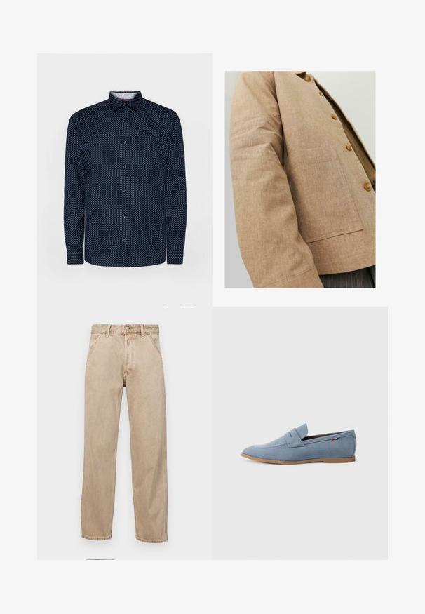 Bruine linnen jas met een eenvoudig ontwerp, voorzien van een kraag, knopen en een opgestikte zak aan de voorkant. Zachte textuur en getailleerde pasvorm.; Marineblauwe blouse met lange mouwen, witte stippen, kraag en een borstzak; gemaakt van gladde stof met een lichte glans.; Beige denim jeans met een recht gesneden ontwerp, voorzien van voorzakken, een metalen knoopsluiting en een subtiele textuur.; Lichtblauwe suède loafer met een gladde textuur, decoratieve stiksels en een bruine rubberen zool. Beschikt over een penny slot design op de bovenkant.