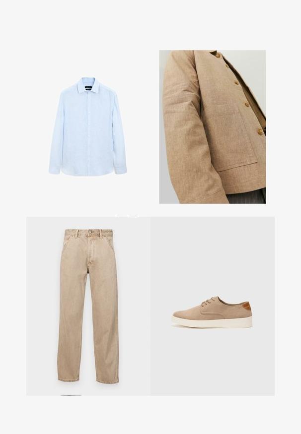 Giacca in lino marrone con un design semplice, caratterizzata da colletto, bottoni e una tasca a patta sul davanti. Texture morbida e forma su misura.; Camicia a maniche lunghe di colore azzurro chiaro, realizzata in tessuto testurizzato; presenta un colletto classico e una chiusura con bottoni, con una vestibilità leggermente rilassata.; Jeans in denim beige con un design a gamba dritta, dotati di tasche frontali, chiusura con bottone metallico e una texture delicata.; Sneaker in suede beige con punta arrotondata, stringhe davanti e un accento testurizzato sul retro. La suola in gomma bianca offre un contrasto. Design semplice e moderno.