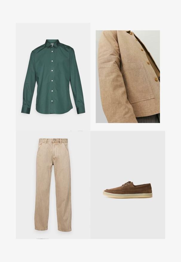 Brązowa lniana kurtka o prostym wzorze, z kołnierzykiem, guzikami i kieszonką z przodu. Miękka tekstura i dopasowany kształt.; Zielona koszula zapinana na guziki, wykonana z gładkiego materiału, z klasycznym kołnierzykiem, długimi rękawami i białymi guzikami z przodu. Bez wzorów.; Beżowe dżinsy o prostym kroju, z przednimi kieszeniami, metalowym zapięciem na guzik i delikatną teksturą.; Brązowe zamszowe buty o niskim profilu, sznurowanym designie, gumowej podeszwie i kontrastowych detalach w szwie. Prosty i funkcjonalny styl.