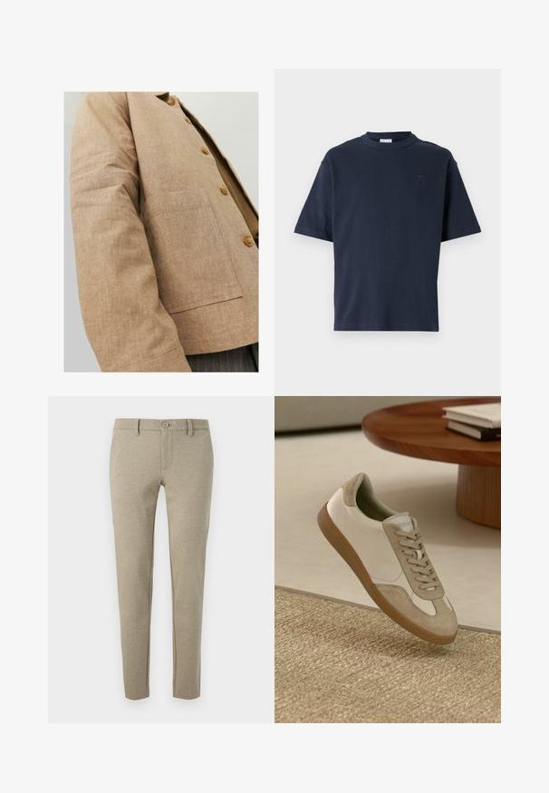 Bruine linnen jas met een eenvoudig ontwerp, voorzien van een kraag, knopen en een opgestikte zak aan de voorkant. Zachte textuur en getailleerde pasvorm.; Marineblauwe t-shirt met korte mouwen van katoen. Heeft een ronde hals en een subtiele logo op de borst. Recht gesneden ontwerp zonder patronen.; Beige broek van getextureerd materiaal, met een knoopsluiting en taps toelopende pijpen, voorzien van zijzakken en subtiele stikdetails.; Lichte sneaker met een witte leren bovenkant en beige suède accenten, een ronde neus en een gestructureerde bruine rubberen zool.