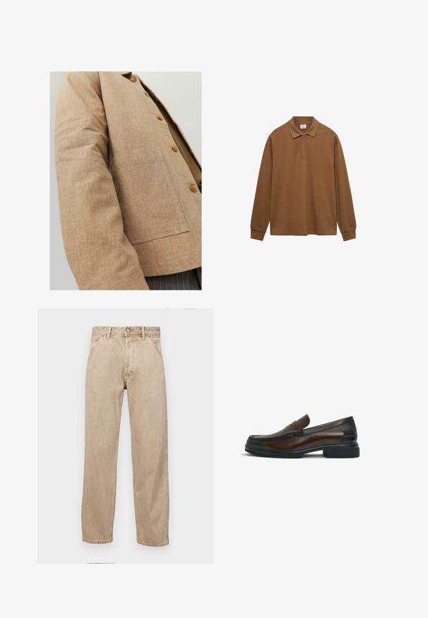 Rjav laneni jopič s preprostim dizajnom, ki vključuje ovratnik, gumbe in žep na sprednji strani. Mehka tekstura in prilagojena oblika.; Rjav dolg rokav polo majica iz bombaža, ki ima ovratnik, gumbno zapiranje in rebraste manšete; gladka tekstura in sproščen kroj.; Beige jeans iz džinsa s ravnim nogavicama, ki imajo sprednje žepe, kovinsko zapiranje in subtilno teksturo.; Brahno usnjeni loafer s zaobljenim nosom, šivi na zgornjem delu, gladka tekstura in kontrastna črna gumijasta podplata.
