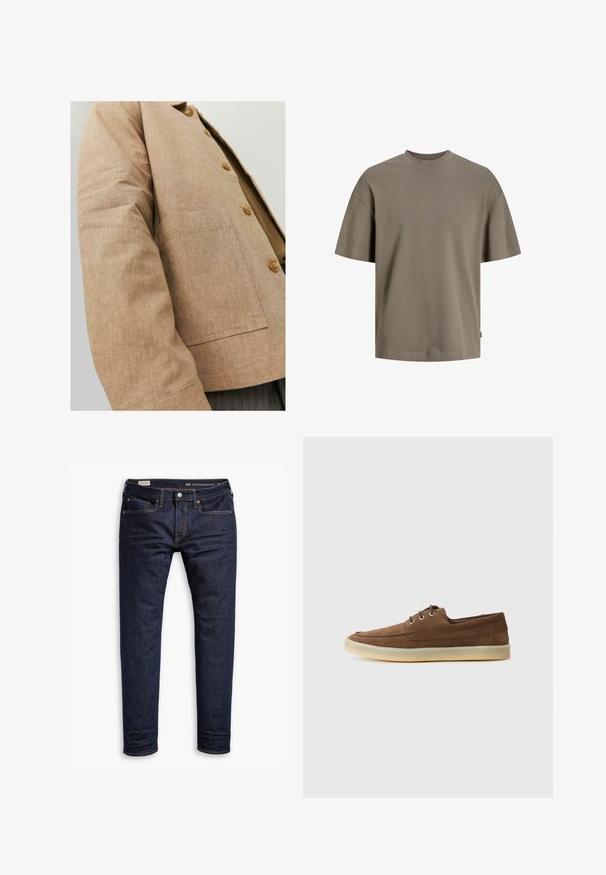 Braune Leinenjacke mit schlichter Optik, ausgestattet mit einem Kragen, Knöpfen und einer aufgesetzten Tasche auf der Vorderseite. Weicher Griff und taillierte Form.; Baumwoll-T-Shirt in gedämpftem Olivgrün; mit Rundhalsausschnitt, kurzen Ärmeln und einer lässigen Passform mit minimalen Nähdetails.; Dunkelblaue Denim-Jeans mit schmaler Passform, orangefarbenen Nähten, Fünf-Taschen-Design und Metallbeschlägen. Glatte Textur, keine Muster.; Braune Wildlederschuhe mit niedriger Profilhöhe, Schnürdesign, Gummisohle und kontrastierenden Nähdetails. Schlichtes und funktionales Design.