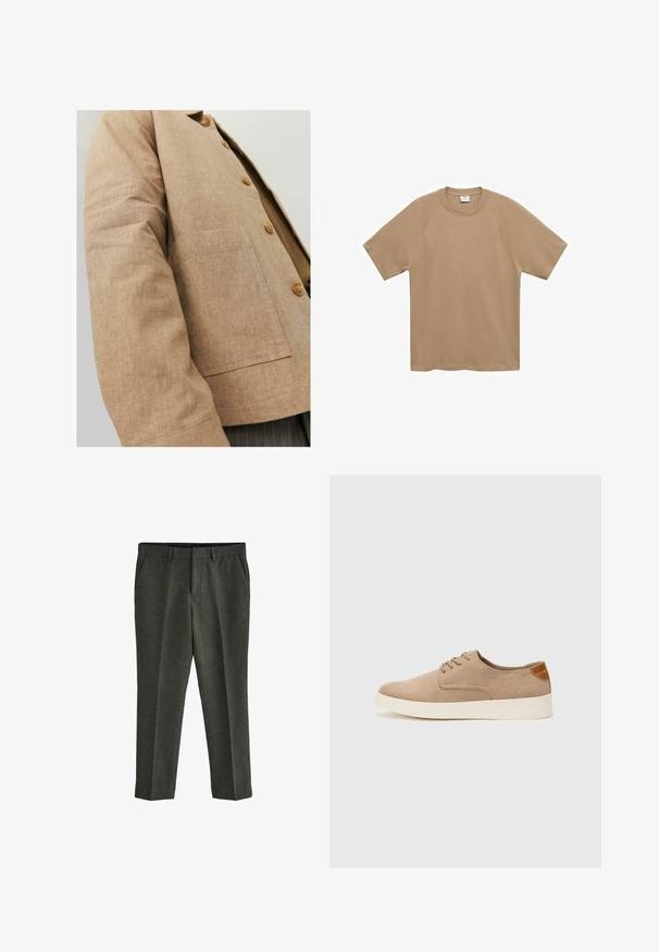 Brun linnejacka med en enkel design, som har en krage, knappar och en patchficka på framsidan. Mjuk textur och skräddarsydd form.; Mango T-shirt - bas - beige; Next REGULAR FIT DONEGAL - Chinos - green; Beige mockasinsneakers med rund tå, snörning fram och texturerad bakaxel. Vit gummisula ger kontrast. Enkelt och modernt design.