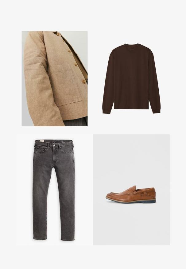 Smeđa lanena jakna jednostavnog dizajna, s ovratnikom, gumbima i zakrpnom džepom sprijeda. Mekana tekstura i kroj po mjeri.; Dugmadna dugosleeve smeđa majica od mekanog materijala, s okruglim izrezom i opuštenim krojem, s rebrastim manžetama i rubom. Bez grafikona ili uzoraka.; Sive traperice ravnog kroja, s pet džepova i kopčanjem na dugme. Imaju suptilno izbjeljivanje i tonirane šave kroz cijelu dužinu.; Smeđe kožne mokasine s okruglim vrhom, šivanim detaljima i niskim gumenim potplatom. Dizajn sadrži trakicu preko gornjeg dijela.