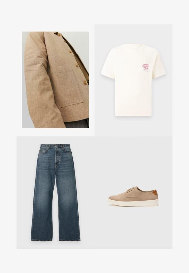 Hnědá lněná bunda s jednoduchým designem, která má límec, knoflíky a náprsní kapsu. Měkká textura a přiléhavý střih.; Bílý krátký rukávový tričko s červeným textem "Studio Originals Edition" na levé hrudi, vystavené na neutrálním šedém pozadí.; Modré džíny s vysokým pasem a širokými nohavicemi, s předními kapsami, poutky na opasek a knoflíkovým zapínáním, vyrobené z denimu středního praní.; Béžové semišové tenisky s kulatou špičkou, šněrováním vpředu a texturovaným zadním akcentem. Bílá gumová podrážka poskytuje kontrast. Jednoduchý a moderní design.