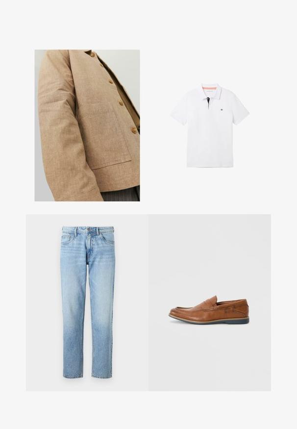 Hnedý ľanový sak s jednoduchým dizajnom, ktorý má golier, gombíky a náprsné vrecko vpredu. Mäkká textúra a prispôsobený strih.; Biela polo tričko s čiernym golierom a oranžovým lemovaním, krátkymi rukávmi a malým logom na hrudi. Vyrobené z priedušnej bavlnenej zmesi.; Svetlomodré rifľové nohavice s rovnými nohavicami, dizajnom s piatimi vreckami, vyblednutou textúrou a klasickým zapínaním na gombík a zips.; Hnedé kožené poltopánky s okrúhlou špičkou, prešité akcenty a nízkou gumovou podrážkou. Dizajn obsahuje pásku cez hornú časť.