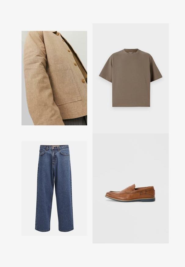 Hnedý ľanový sak s jednoduchým dizajnom, ktorý má golier, gombíky a náprsné vrecko vpredu. Mäkká textúra a prispôsobený strih.; Hnedé tričko s krátkymi rukávmi vyrobené z jemného materiálu s okrúhlym výstrihom. Má voľný strih a jednoduché lemovanie.; Džínsy s širšími nohavicami v modrej farbe s vyblednutým povrchom, s našitými gombíkmi, piatimi vreckami a kontrastným prešívaním na švoch.; Hnedé kožené poltopánky s okrúhlou špičkou, prešité akcenty a nízkou gumovou podrážkou. Dizajn obsahuje pásku cez hornú časť.
