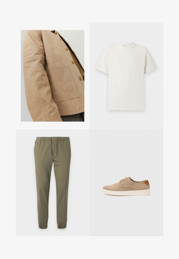 Chaqueta de lino marrón con un diseño sencillo, que presenta un cuello, botones y un bolsillo de parche en la parte frontal. Textura suave y forma ajustada.; Camiseta blanca de manga corta en textura acanalada. Cuello redondo, corte relajado, sin patrones ni acentos visibles. Diseño simple y versátil.; Pantalones ajustados color verde oliva con cintura elástica y cordón ajustable. Cuenta con puños elásticos y una tela suave y liviana.; Zapatillas de ante beige con puntera redondeada, cordones en la parte delantera y un acento texturizado en la parte trasera. La suela de goma blanca proporciona contraste. Diseño sencillo y moderno.