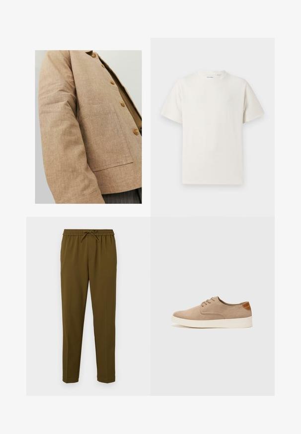 Barna vászonzakó egyszerű dizájnnal, gallérral, gombokkal és egy patkó zsebbel az elején. Puha textúra és formázott kialakítás.; Fehér, rövid ujjú póló bordázott textúrával. Kerek nyakkivágás, laza szabás, nincs látható minta vagy díszítés. Egyszerű és sokoldalú dizájn.; Olivezöld, könnyű nadrág, rugalmas derékkal és állítható zsinórral. Egyenes lábakkal rendelkezik, zsebek nélkül. Simább textúra.; Beige velúr sportcipő, kerek orral, fűzős elülső résszel és textúrált hátsó részlettel. Fehér gumitalp kontrasztot ad. Egyszerű és modern design.