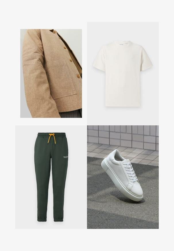 Brūnas linas jaka ar vienkāršu dizainu, kurai ir apkakle, pogas un kabatas uz priekšpuses. Mīksta tekstūra un veidota forma.; Balta krūštura īsām piedurknēm ar ribota auduma faktūru. Apaļš kakla izgriezums, brīvs griezums, bez redzamām rakstām vai akcentiem. Vienkāršs un daudzpusīgs dizains.; Tumši zaļi sporta bikses, izgatavotas no mīksta materiāla, ar elastīgu jostu un dzeltenu saiti, kā arī sašaurinātiem piedurknēm. Mazs logotipa elements uz kājas.; Baltas ādas sporta apavi ar gludu virsmu, apaļu pirkstu un plakanām baltām šņorēm. Iezīmējas ar strukturētu gumijas zoli un minimālisma dizaina elementiem.