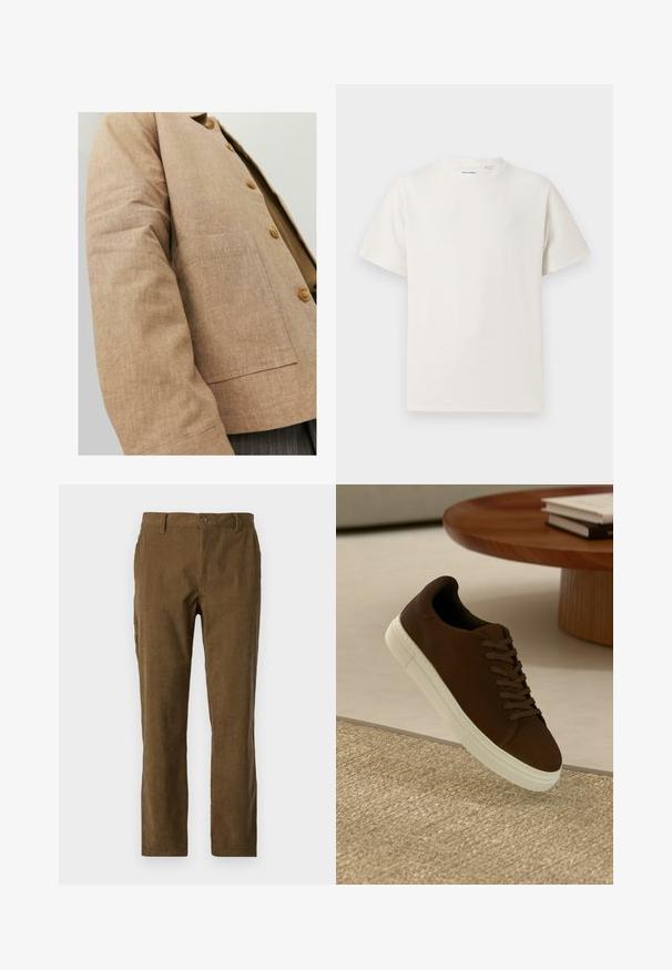 Veste en lin marron au design simple, avec un col, des boutons et une poche plaquée à l'avant. Texture douce et coupe ajustée.; T-shirt blanc à manches courtes en texture côtelée. Encolure ronde, coupe décontractée, sans motifs ni accents visibles. Design simple et polyvalent.; Pantalons en velours côtelé marron avec une coupe droite, présentant des côtes verticales, une fermeture à boutons sur le devant et des poches latérales pour plus de praticité.; Baskets en suède marron avec des lacets plats et une semelle en caoutchouc blanche, présentant un bout arrondi et un design minimaliste, posées sur une surface texturée.
