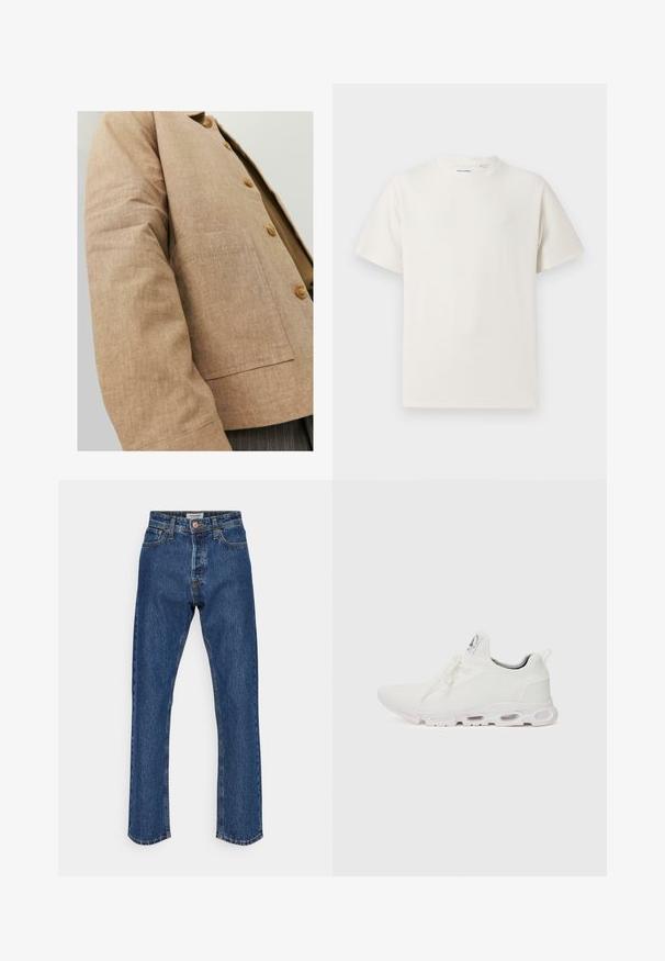 Giacca in lino marrone con un design semplice, caratterizzata da colletto, bottoni e una tasca a patta sul davanti. Texture morbida e forma su misura.; T-shirt bianca a maniche corte in texture a coste. Girocollo, vestibilità rilassata, senza modelli o accenti visibili. Design semplice e versatile.; Jeans in denim blu scuro con vita alta e gamba dritta. Presentano una chiusura a bottoni, cinque tasche e cuciture a contrasto.; Scarpe atletiche bianche con tomaia in maglia testurizzata, lacci piatti e una suola ammortizzata con camere d'aria visibili per un supporto aggiuntivo.