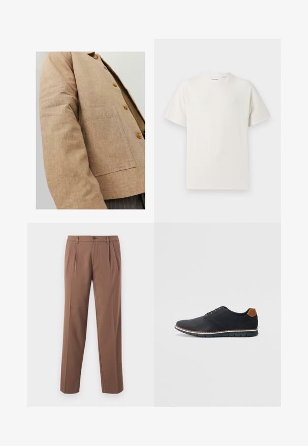 Hnědá lněná bunda s jednoduchým designem, která má límec, knoflíky a náprsní kapsu. Měkká textura a přiléhavý střih.; Bílý krátký rukáv tričko s pružnou strukturou. Kulatý výstřih, volný střih, bez viditelných vzorů nebo detailů. Jednoduchý a univerzální design.; Hnědé plisované kalhoty s rovnými nohavicemi, vybavené jedním knoflíkem a hladkým, texturovaným materiálem.; Černé syntetické boty s texturovaným svrškem, hladkými detaily, hnědým podpatkem a kontrastní podrážkou. Obsahují minimální šněrování a švy.