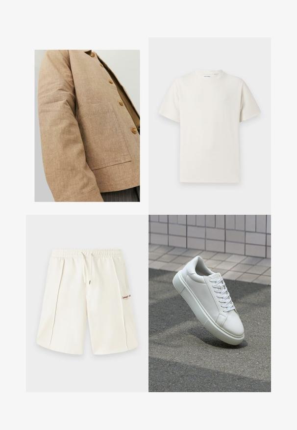 Brązowa lniana kurtka o prostym wzorze, z kołnierzykiem, guzikami i kieszonką z przodu. Miękka tekstura i dopasowany kształt.; Biała krótka koszulka z krótkim rękawem o żebrowanej fakturze. Okrągły dekolt, luźny krój, brak widocznych wzorów lub akcentów. Prosty i uniwersalny design.; Kremowe szorty z miękkiego materiału, wyposażone w elastyczny pas, sznurek, boczne kieszenie oraz mały czerwony detal z logo z boku.; Białe skórzane trampki z gładką powierzchnią, okrągłym noskiem i płaskimi białymi sznurowadłami. Posiadają teksturowaną gumową podeszwę oraz minimalistyczne elementy projektowe.