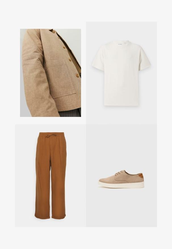Giacca in lino marrone con un design semplice, caratterizzata da colletto, bottoni e una tasca a patta sul davanti. Texture morbida e forma su misura.; T-shirt bianca a maniche corte in texture a coste. Girocollo, vestibilità rilassata, senza modelli o accenti visibili. Design semplice e versatile.; Pantaloni di lino marroni con vestibilità ampia, vita elasticizzata, laccio regolabile e due pieghe frontali per un tocco di texture. Cuffie arrotolate all'orlo.; Sneaker in suede beige con punta arrotondata, stringhe davanti e un accento testurizzato sul retro. La suola in gomma bianca offre un contrasto. Design semplice e moderno.