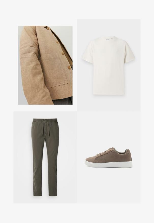Rudas lininis švarkas su paprastu dizainu, turintis apykaklę, mygtukus ir kišenę šoninėse. Minkšta tekstūra ir pritaikyta forma.; Balta trumpa rankovė T-polo marškinėlių su juostelėmis tekstūra. Apvalus iškirpimas, laisvas fasonas, jokių matomų raštų ar akcentų. Paprastas ir universalus dizainas.; Tamsiai žali, siaurėjantys kelnių modeliai su elastinga juosta ir virvute. Pagaminti iš minkštos medvilnės medžiagos su lygiu paviršiumi.; Rudi zomšos sportbačiai su plokščiomis baltomis guminėmis padais, raištelių dizainu, apvaliu pirštu ir lygia tekstūra. Minimalistinis stilius su subtiliomis siuvimo detalėmis.