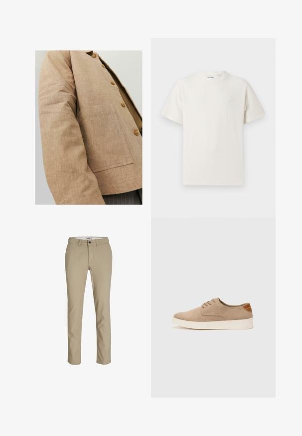Brown linen jacket with a simple design, featuring a collar, buttons, and a patch pocket on the front. Soft texture and tailored shape.; White short-sleeve T-shirt in a ribbed texture. Round neckline, relaxed fit, no visible patterns or accents. Simple and versatile design.; Beige cotton trousers with a slim fit, featuring a front zipper, button closure, and four pockets. Smooth texture, no patterns or accents.; Beige suede sneakers with a rounded toe, lace-up front, and a textured back accent. White rubber sole provides contrast. Simple and modern design.